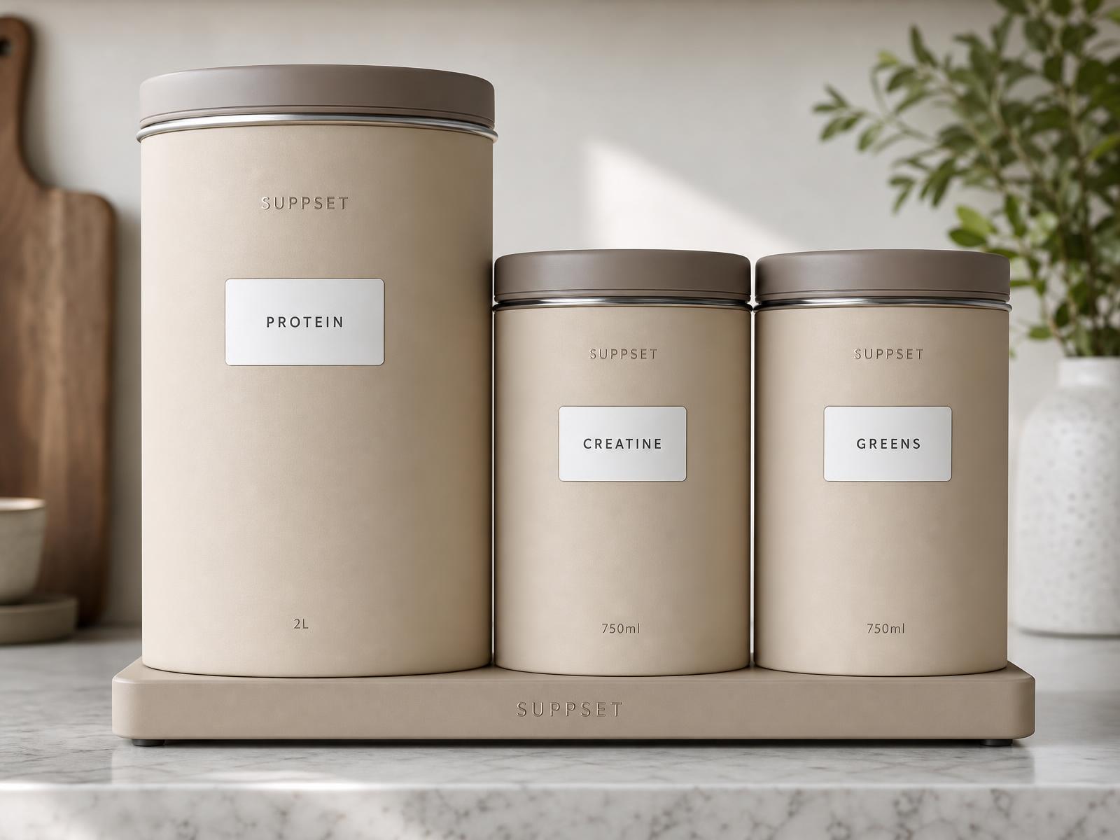 Warm sand SUPPSET Supplement Station: one 2L and two 750ml stainless-steel canisters labelled Protein, Creatine and Greens on a slim base