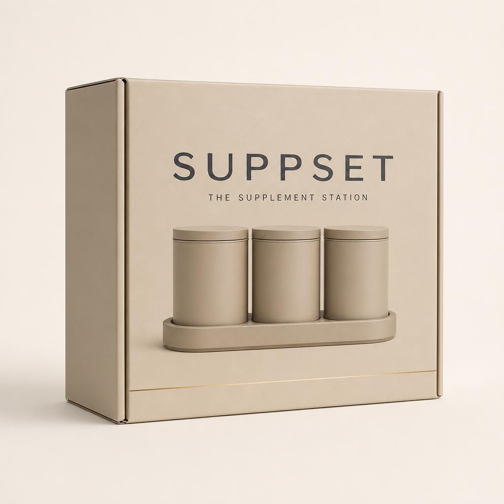 Concept render of a slim warm-sand corrugated SUPPSET box with minimal charcoal typography