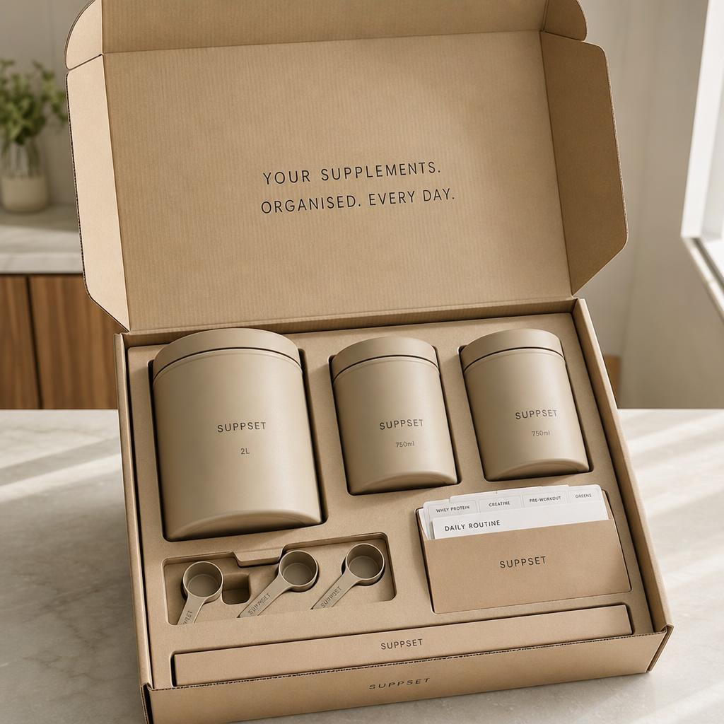 Top-down concept render of the open box with a die-cut cardboard insert holding the 2L canister, two 750ml canisters, base and card pocket